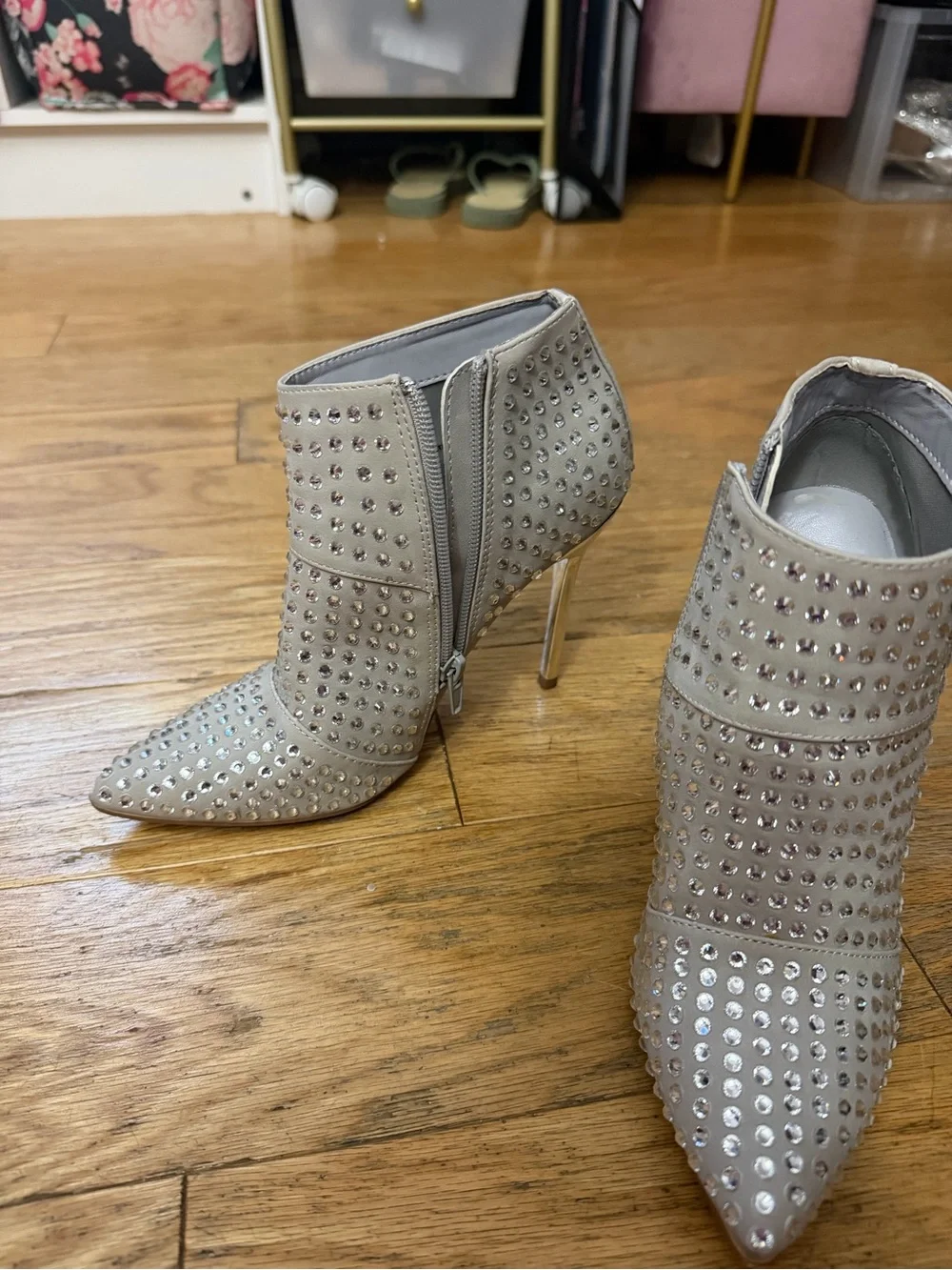 Steve Madden Light Gray Crystal-Embellished Pointed Ankle Booties